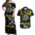 Personalized North Queensland Cowboys Couples Matching Off Shoulder Maxi Dress and Hawaiian Shirt Graffiti Grunge Abstract Urban Street Style Design