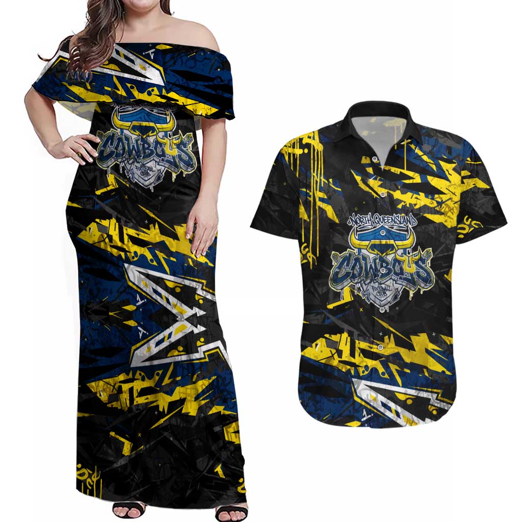 Personalized North Queensland Cowboys Couples Matching Off Shoulder Maxi Dress and Hawaiian Shirt Graffiti Grunge Abstract Urban Street Style Design