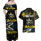 Personalized North Queensland Cowboys Couples Matching Off Shoulder Maxi Dress and Hawaiian Shirt Graffiti Grunge Abstract Urban Street Style Design