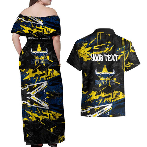Personalized North Queensland Cowboys Couples Matching Off Shoulder Maxi Dress and Hawaiian Shirt Graffiti Grunge Abstract Urban Street Style Design
