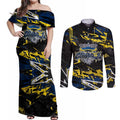 Personalized North Queensland Cowboys Couples Matching Off Shoulder Maxi Dress and Long Sleeve Button Shirt Graffiti Grunge Abstract Urban Street Style Design