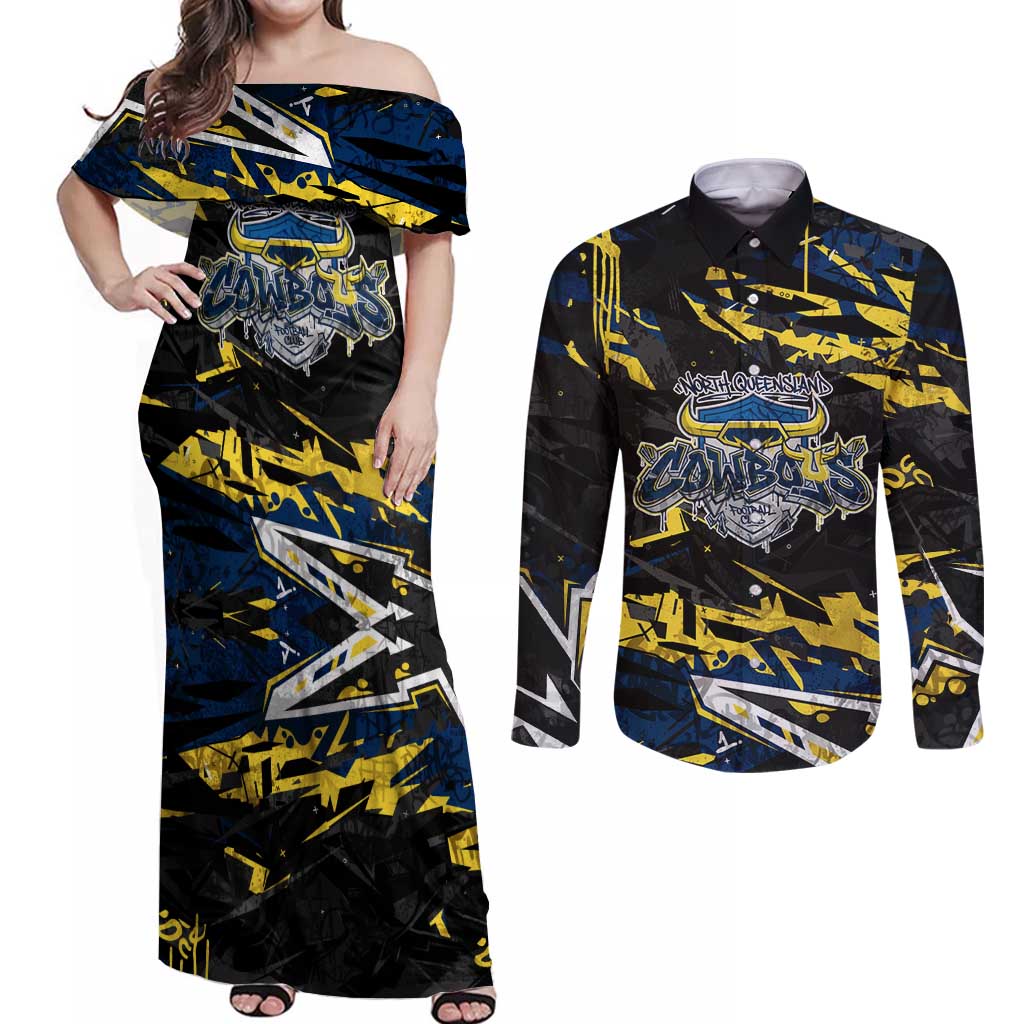 Personalized North Queensland Cowboys Couples Matching Off Shoulder Maxi Dress and Long Sleeve Button Shirt Graffiti Grunge Abstract Urban Street Style Design