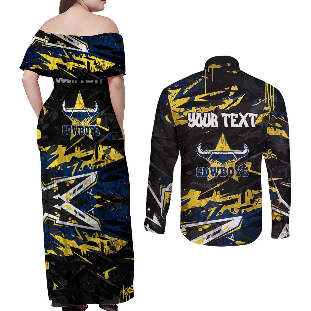 Personalized North Queensland Cowboys Couples Matching Off Shoulder Maxi Dress and Long Sleeve Button Shirt Graffiti Grunge Abstract Urban Street Style Design