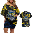 Personalized North Queensland Cowboys Couples Matching Off Shoulder Short Dress and Hawaiian Shirt Graffiti Grunge Abstract Urban Street Style Design