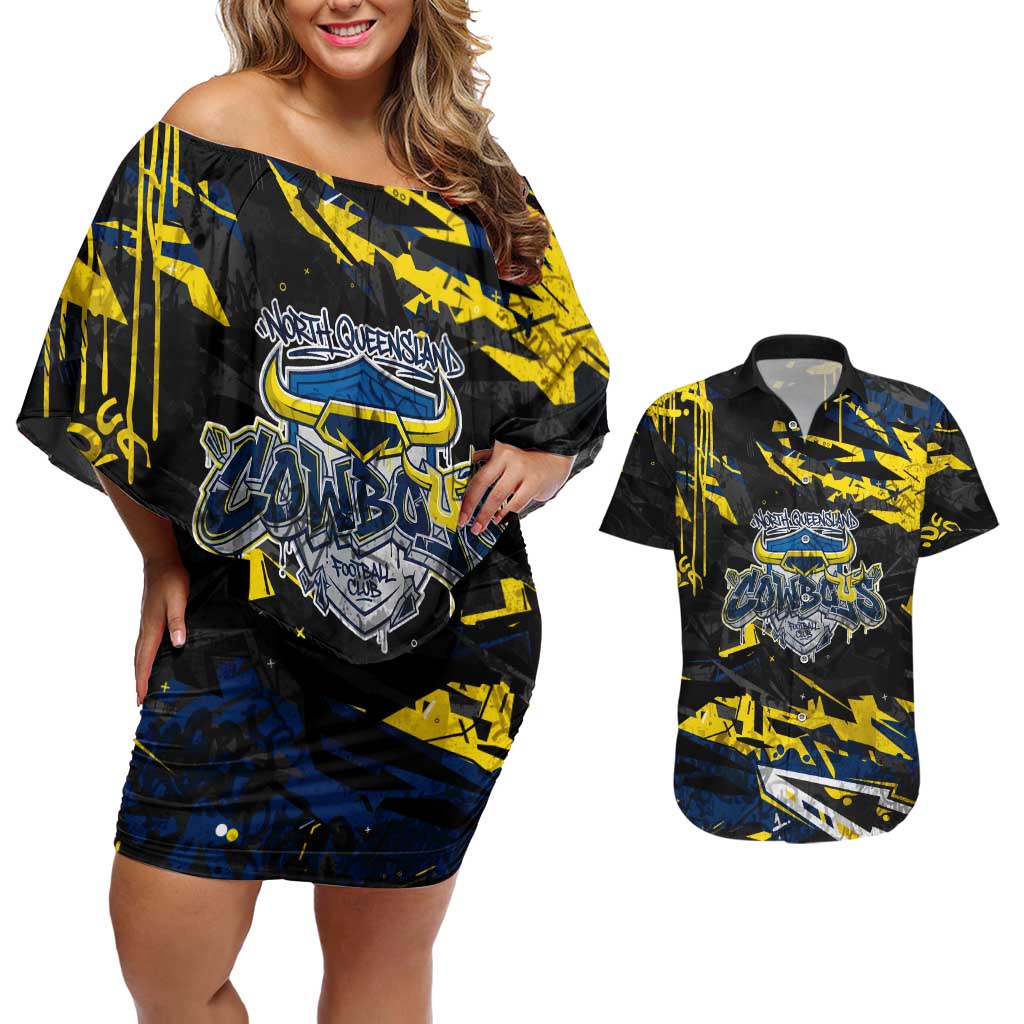 Personalized North Queensland Cowboys Couples Matching Off Shoulder Short Dress and Hawaiian Shirt Graffiti Grunge Abstract Urban Street Style Design