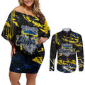 Personalized North Queensland Cowboys Couples Matching Off Shoulder Short Dress and Long Sleeve Button Shirt Graffiti Grunge Abstract Urban Street Style Design