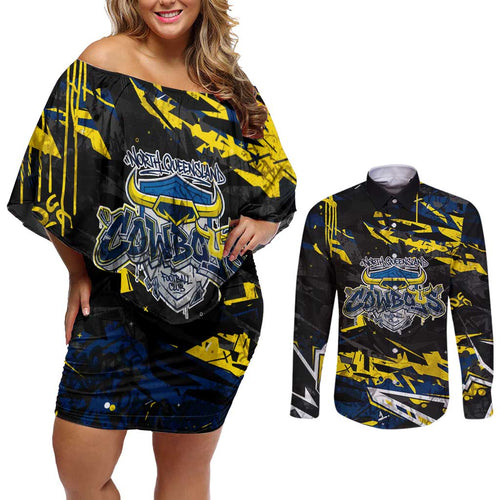 Personalized North Queensland Cowboys Couples Matching Off Shoulder Short Dress and Long Sleeve Button Shirt Graffiti Grunge Abstract Urban Street Style Design