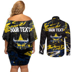 Personalized North Queensland Cowboys Couples Matching Off Shoulder Short Dress and Long Sleeve Button Shirt Graffiti Grunge Abstract Urban Street Style Design