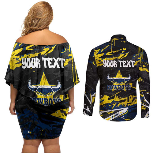 Personalized North Queensland Cowboys Couples Matching Off Shoulder Short Dress and Long Sleeve Button Shirt Graffiti Grunge Abstract Urban Street Style Design