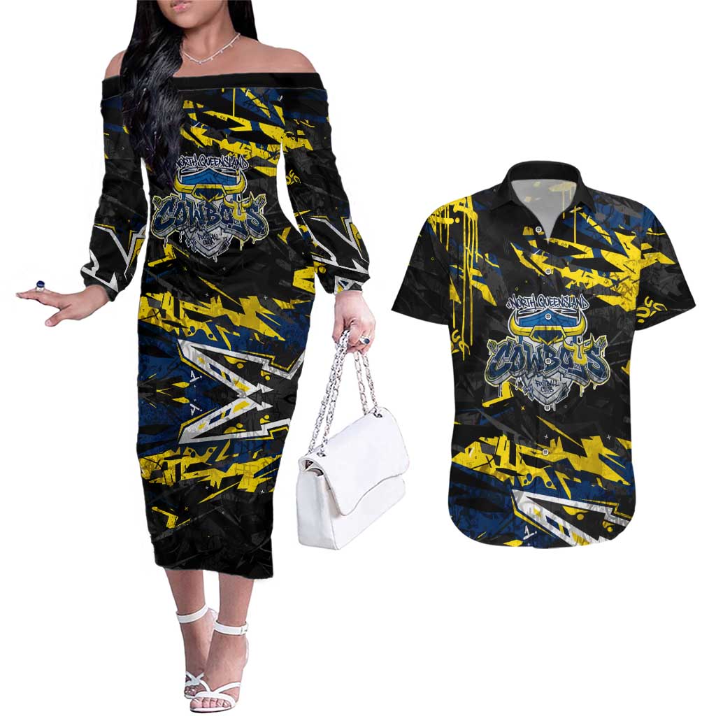 Personalized North Queensland Cowboys Couples Matching Off The Shoulder Long Sleeve Dress and Hawaiian Shirt Graffiti Grunge Abstract Urban Street Style Design