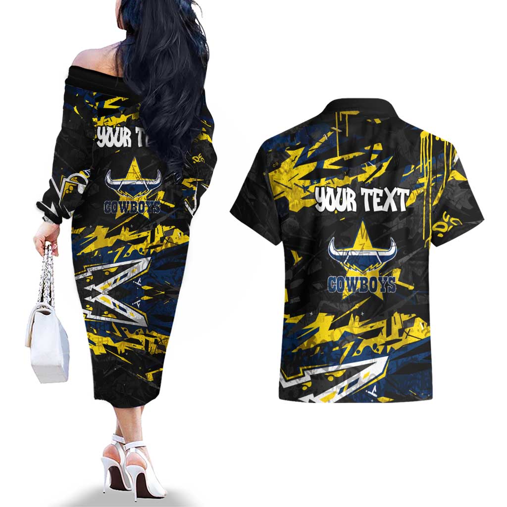 Personalized North Queensland Cowboys Couples Matching Off The Shoulder Long Sleeve Dress and Hawaiian Shirt Graffiti Grunge Abstract Urban Street Style Design
