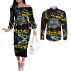 Personalized North Queensland Cowboys Couples Matching Off The Shoulder Long Sleeve Dress and Long Sleeve Button Shirt Graffiti Grunge Abstract Urban Street Style Design