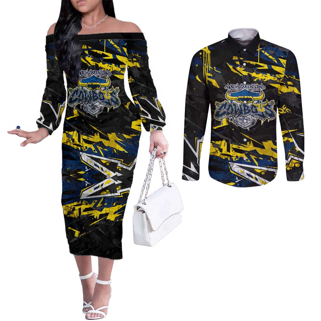 Personalized North Queensland Cowboys Couples Matching Off The Shoulder Long Sleeve Dress and Long Sleeve Button Shirt Graffiti Grunge Abstract Urban Street Style Design
