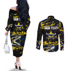 Personalized North Queensland Cowboys Couples Matching Off The Shoulder Long Sleeve Dress and Long Sleeve Button Shirt Graffiti Grunge Abstract Urban Street Style Design