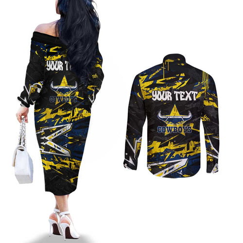 Personalized North Queensland Cowboys Couples Matching Off The Shoulder Long Sleeve Dress and Long Sleeve Button Shirt Graffiti Grunge Abstract Urban Street Style Design