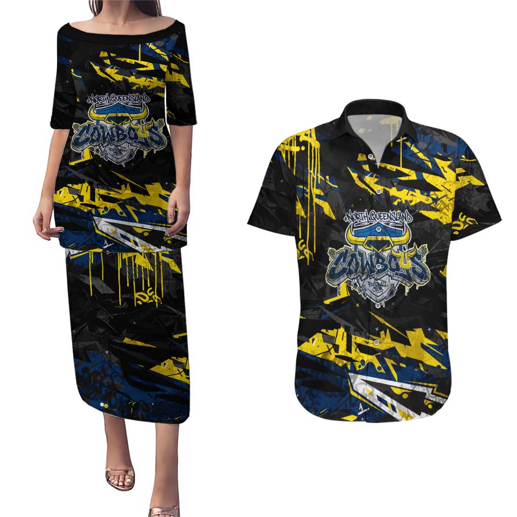Personalized North Queensland Cowboys Couples Matching Puletasi and Hawaiian Shirt Graffiti Grunge Abstract Urban Street Style Design