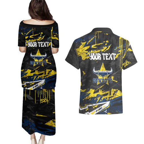 Personalized North Queensland Cowboys Couples Matching Puletasi and Hawaiian Shirt Graffiti Grunge Abstract Urban Street Style Design