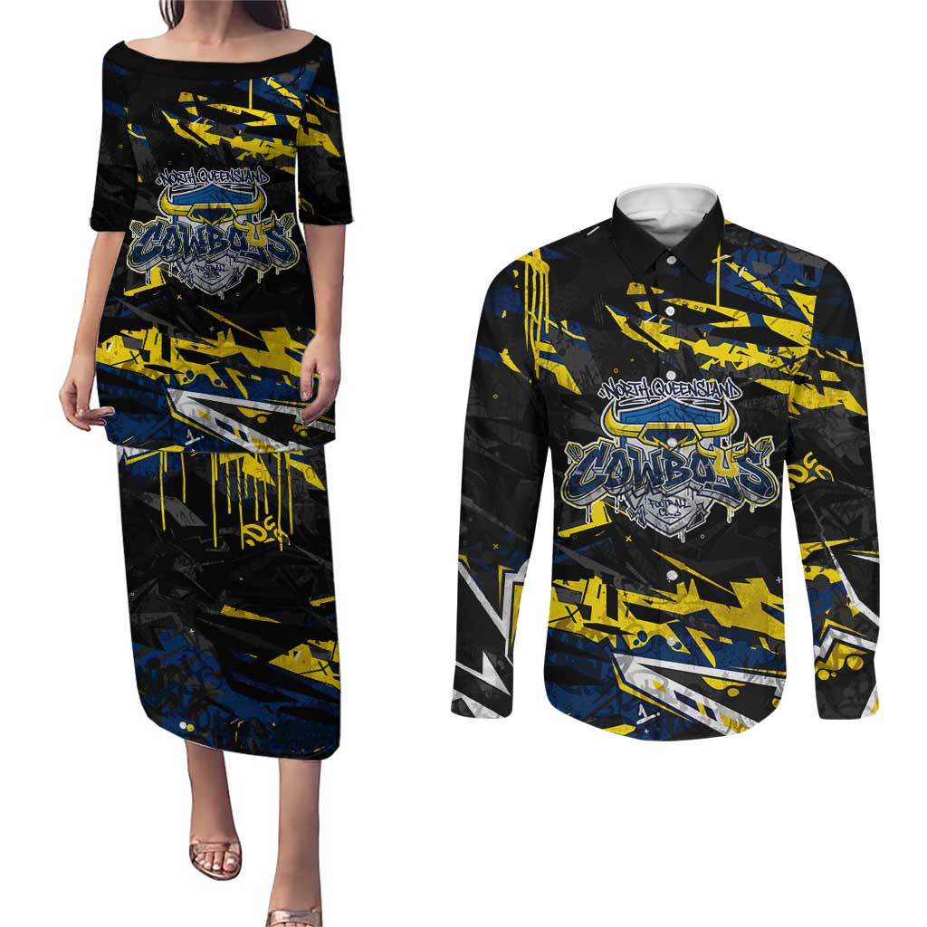 Personalized North Queensland Cowboys Couples Matching Puletasi and Long Sleeve Button Shirt Graffiti Grunge Abstract Urban Street Style Design