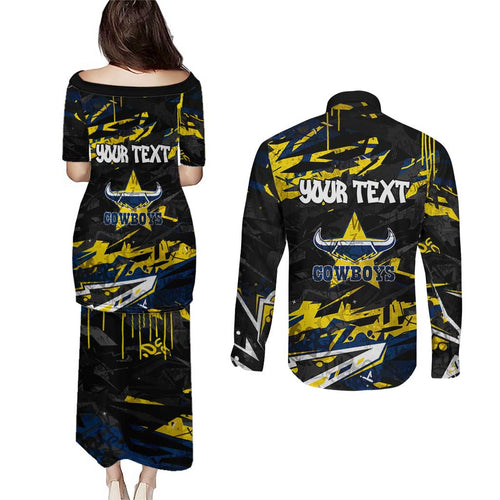 Personalized North Queensland Cowboys Couples Matching Puletasi and Long Sleeve Button Shirt Graffiti Grunge Abstract Urban Street Style Design