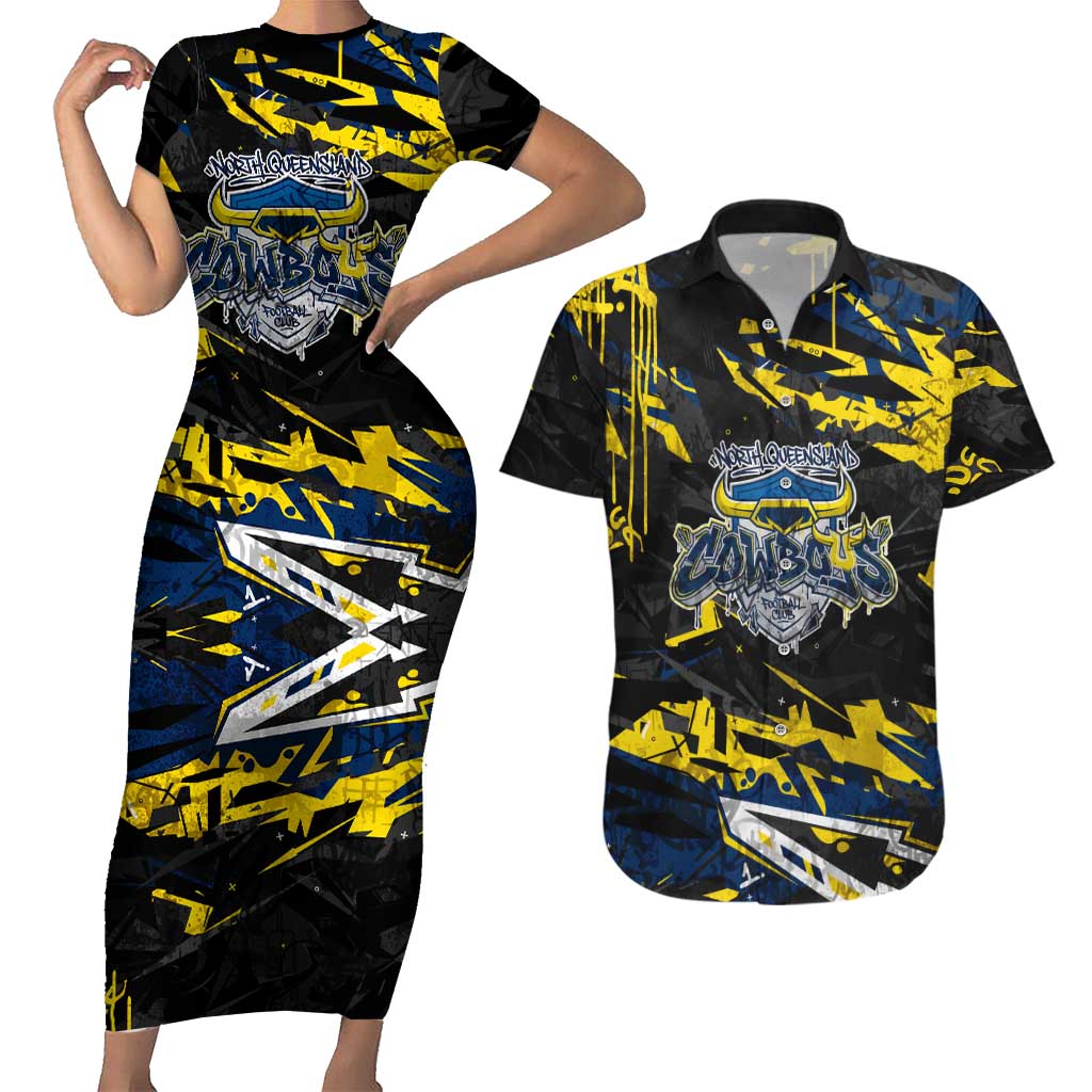 Personalized North Queensland Cowboys Couples Matching Short Sleeve Bodycon Dress and Hawaiian Shirt Graffiti Grunge Abstract Urban Street Style Design
