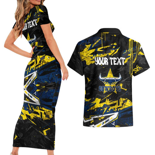 Personalized North Queensland Cowboys Couples Matching Short Sleeve Bodycon Dress and Hawaiian Shirt Graffiti Grunge Abstract Urban Street Style Design