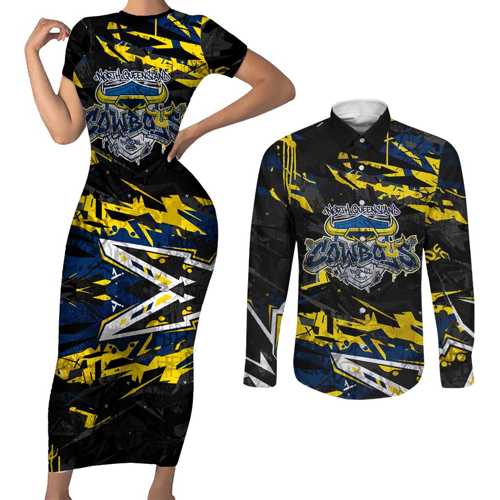 Personalized North Queensland Cowboys Couples Matching Short Sleeve Bodycon Dress and Long Sleeve Button Shirt Graffiti Grunge Abstract Urban Street Style Design