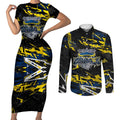 Personalized North Queensland Cowboys Couples Matching Short Sleeve Bodycon Dress and Long Sleeve Button Shirt Graffiti Grunge Abstract Urban Street Style Design