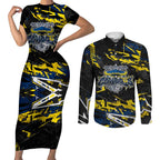 Personalized North Queensland Cowboys Couples Matching Short Sleeve Bodycon Dress and Long Sleeve Button Shirt Graffiti Grunge Abstract Urban Street Style Design