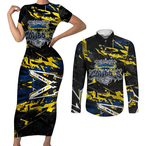 Personalized North Queensland Cowboys Couples Matching Short Sleeve Bodycon Dress and Long Sleeve Button Shirt Graffiti Grunge Abstract Urban Street Style Design