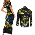 Personalized North Queensland Cowboys Couples Matching Short Sleeve Bodycon Dress and Long Sleeve Button Shirt Graffiti Grunge Abstract Urban Street Style Design