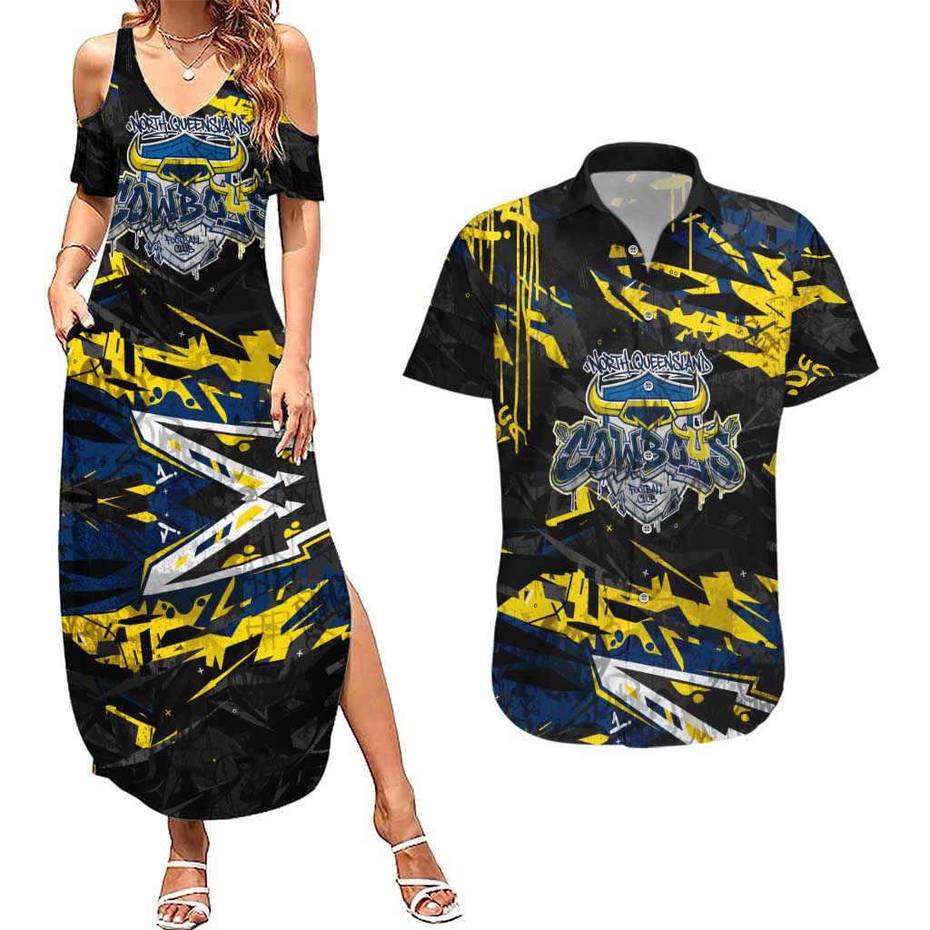 Personalized North Queensland Cowboys Couples Matching Summer Maxi Dress and Hawaiian Shirt Graffiti Grunge Abstract Urban Street Style Design