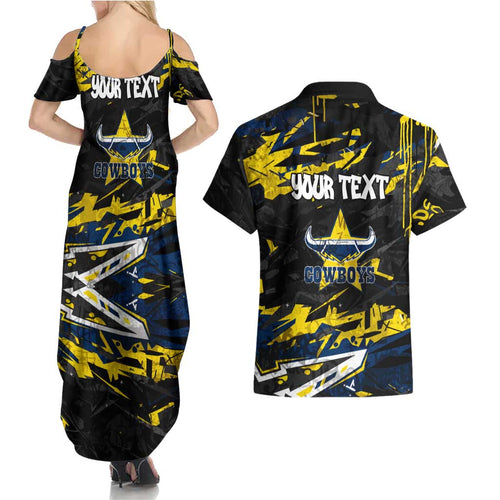 Personalized North Queensland Cowboys Couples Matching Summer Maxi Dress and Hawaiian Shirt Graffiti Grunge Abstract Urban Street Style Design
