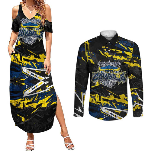 Personalized North Queensland Cowboys Couples Matching Summer Maxi Dress and Long Sleeve Button Shirt Graffiti Grunge Abstract Urban Street Style Design