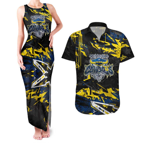 Personalized North Queensland Cowboys Couples Matching Tank Maxi Dress and Hawaiian Shirt Graffiti Grunge Abstract Urban Street Style Design