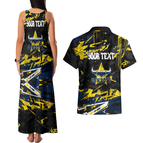 Personalized North Queensland Cowboys Couples Matching Tank Maxi Dress and Hawaiian Shirt Graffiti Grunge Abstract Urban Street Style Design
