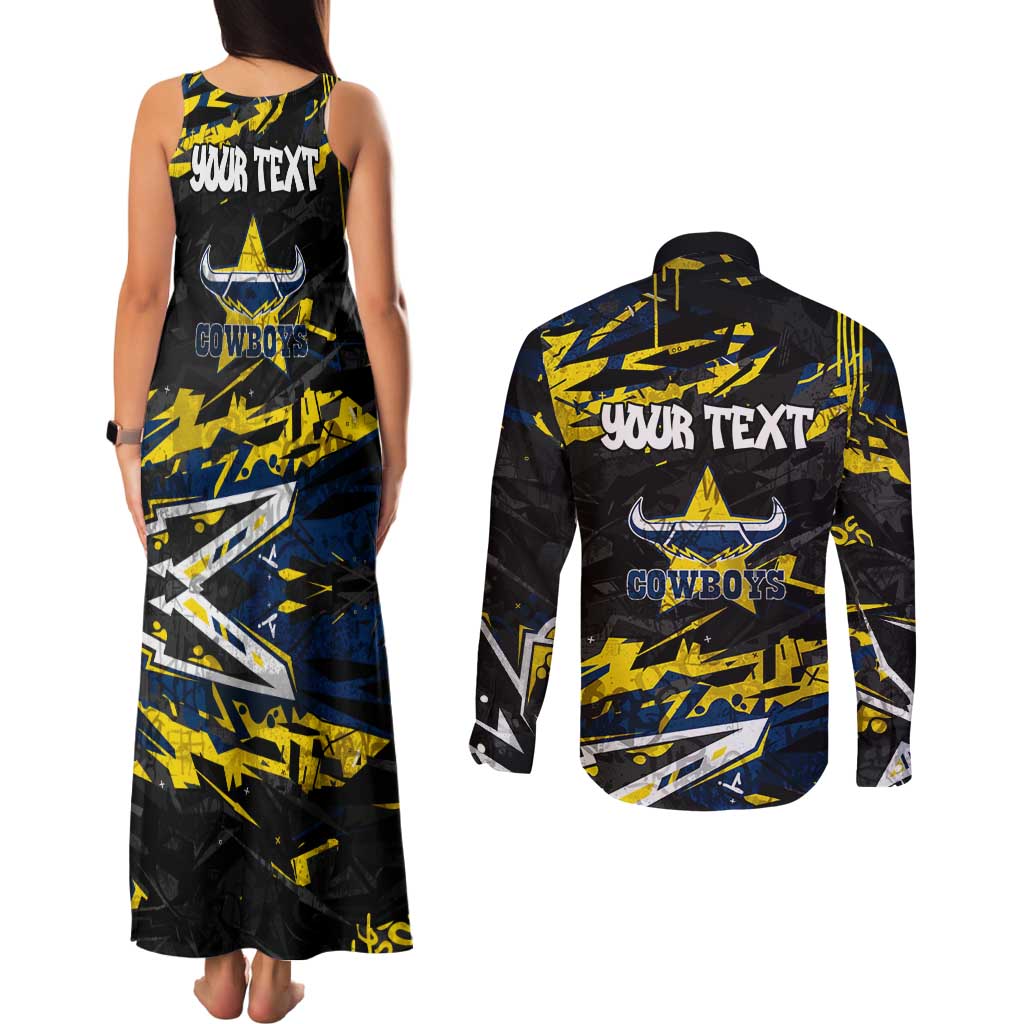 Personalized North Queensland Cowboys Couples Matching Tank Maxi Dress and Long Sleeve Button Shirt Graffiti Grunge Abstract Urban Street Style Design