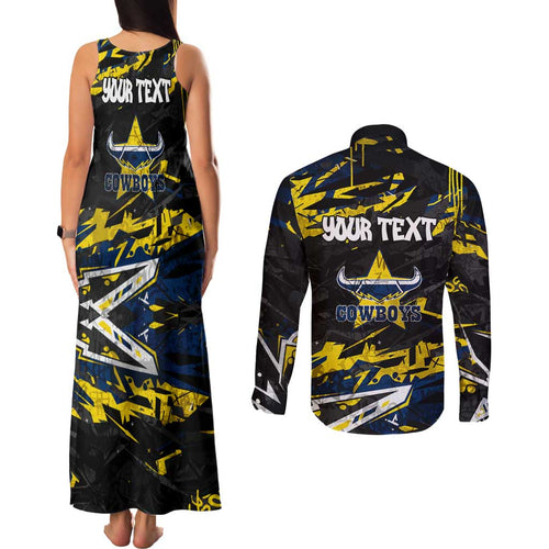 Personalized North Queensland Cowboys Couples Matching Tank Maxi Dress and Long Sleeve Button Shirt Graffiti Grunge Abstract Urban Street Style Design
