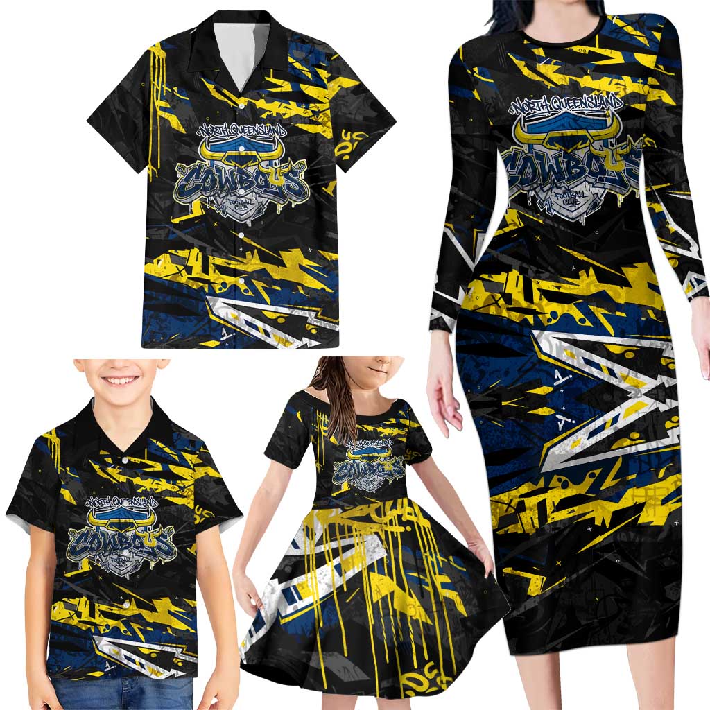Personalized North Queensland Cowboys Family Matching Long Sleeve Bodycon Dress and Hawaiian Shirt Graffiti Grunge Abstract Urban Street Style Design