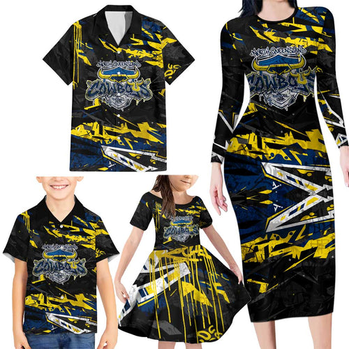 Personalized North Queensland Cowboys Family Matching Long Sleeve Bodycon Dress and Hawaiian Shirt Graffiti Grunge Abstract Urban Street Style Design
