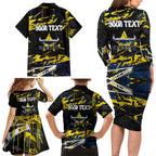Personalized North Queensland Cowboys Family Matching Long Sleeve Bodycon Dress and Hawaiian Shirt Graffiti Grunge Abstract Urban Street Style Design