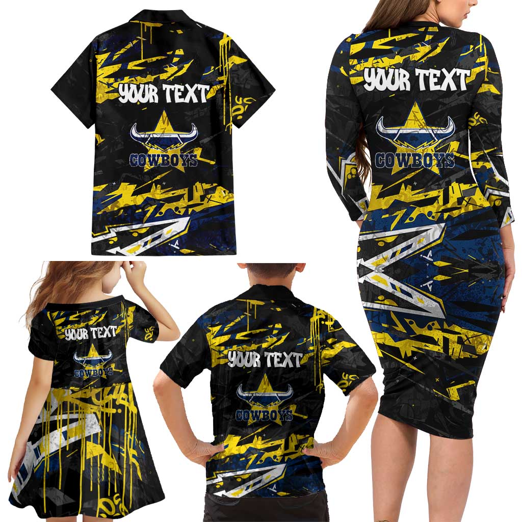 Personalized North Queensland Cowboys Family Matching Long Sleeve Bodycon Dress and Hawaiian Shirt Graffiti Grunge Abstract Urban Street Style Design