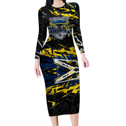 Personalized North Queensland Cowboys Family Matching Long Sleeve Bodycon Dress and Hawaiian Shirt Graffiti Grunge Abstract Urban Street Style Design
