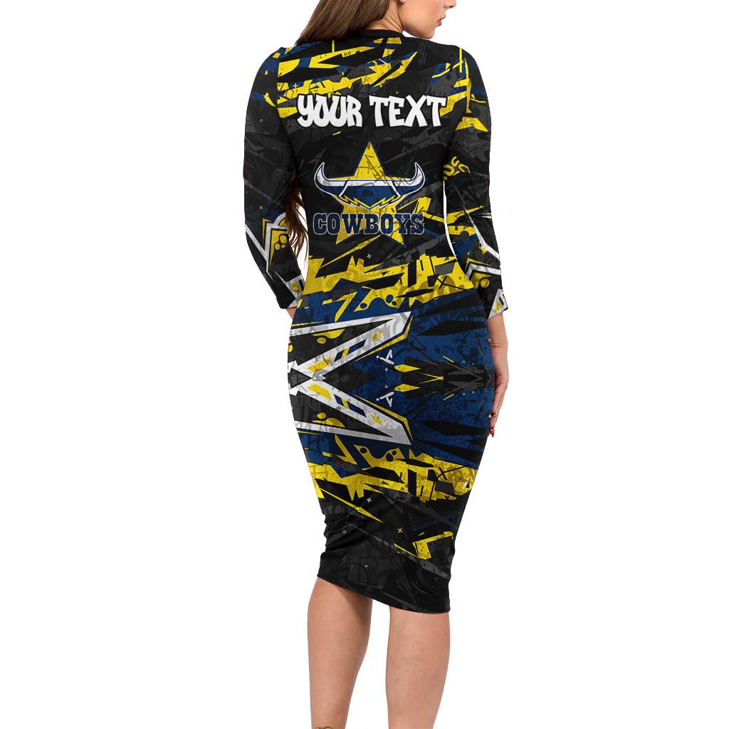 Personalized North Queensland Cowboys Family Matching Long Sleeve Bodycon Dress and Hawaiian Shirt Graffiti Grunge Abstract Urban Street Style Design