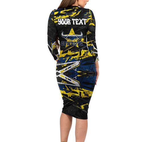 Personalized North Queensland Cowboys Family Matching Long Sleeve Bodycon Dress and Hawaiian Shirt Graffiti Grunge Abstract Urban Street Style Design
