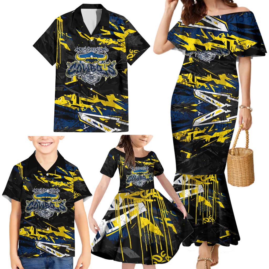 Personalized North Queensland Cowboys Family Matching Mermaid Dress and Hawaiian Shirt Graffiti Grunge Abstract Urban Street Style Design