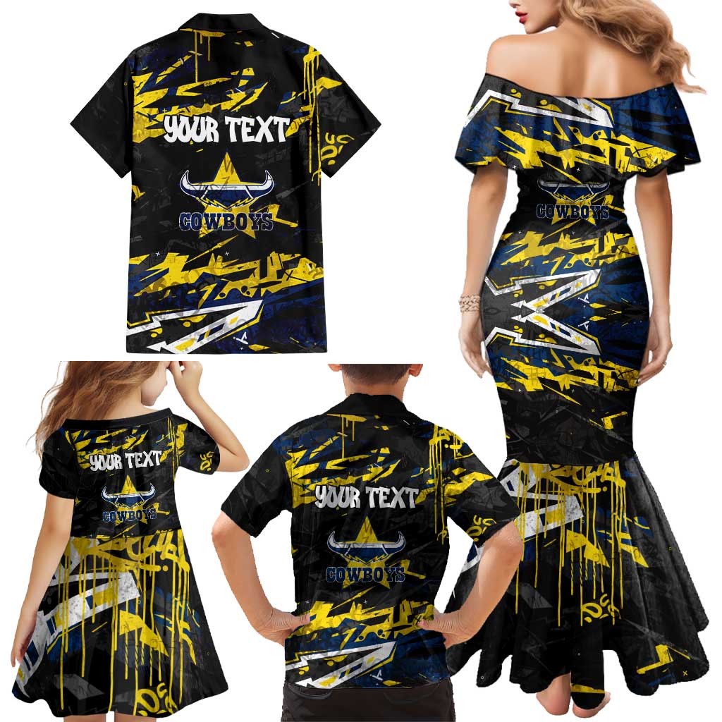 Personalized North Queensland Cowboys Family Matching Mermaid Dress and Hawaiian Shirt Graffiti Grunge Abstract Urban Street Style Design