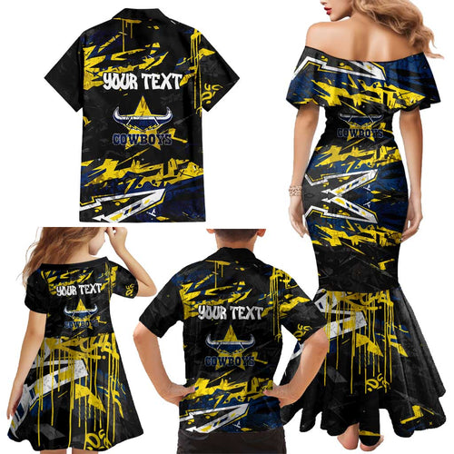 Personalized North Queensland Cowboys Family Matching Mermaid Dress and Hawaiian Shirt Graffiti Grunge Abstract Urban Street Style Design