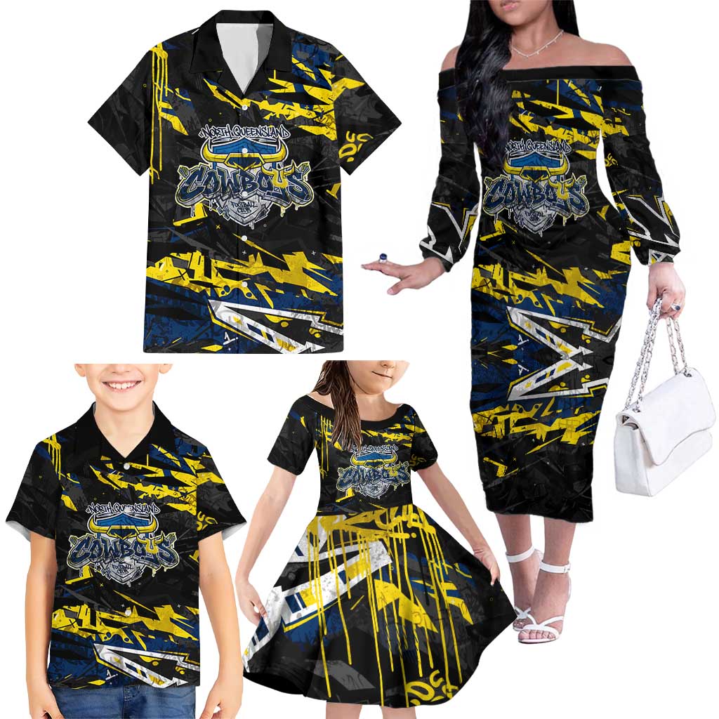 Personalized North Queensland Cowboys Family Matching Off The Shoulder Long Sleeve Dress and Hawaiian Shirt Graffiti Grunge Abstract Urban Street Style Design