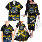 Personalized North Queensland Cowboys Family Matching Off The Shoulder Long Sleeve Dress and Hawaiian Shirt Graffiti Grunge Abstract Urban Street Style Design