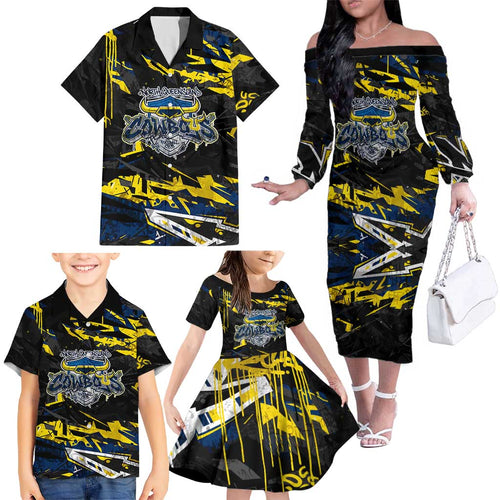 Personalized North Queensland Cowboys Family Matching Off The Shoulder Long Sleeve Dress and Hawaiian Shirt Graffiti Grunge Abstract Urban Street Style Design